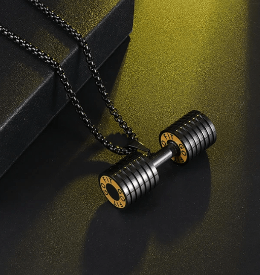 Stainless steel dumbbell necklace with a 1.3 cm diameter, 4 cm long pendant on a 60 cm chain, ideal for fitness enthusiasts.