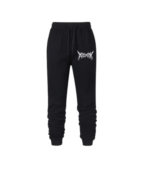 Black Berserk sweatpants with adjustable waistband and Bedroom Berserk details.